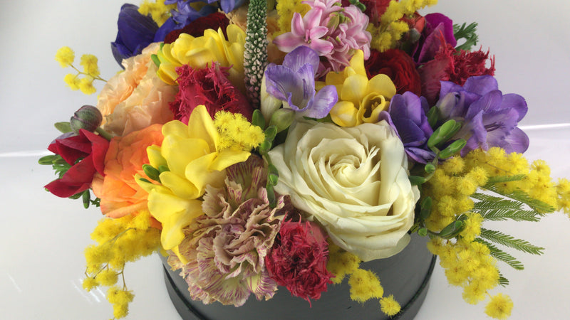 Flowerbox con fiori di stagione e mimosa